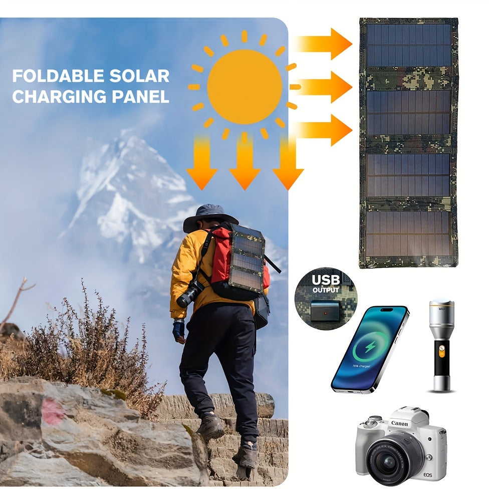 Portable 4-Fold Solar Panel with USB - Perfect for Outdoor Travel & Camping, Charges Devices, Foldable, Includes Battery Pack