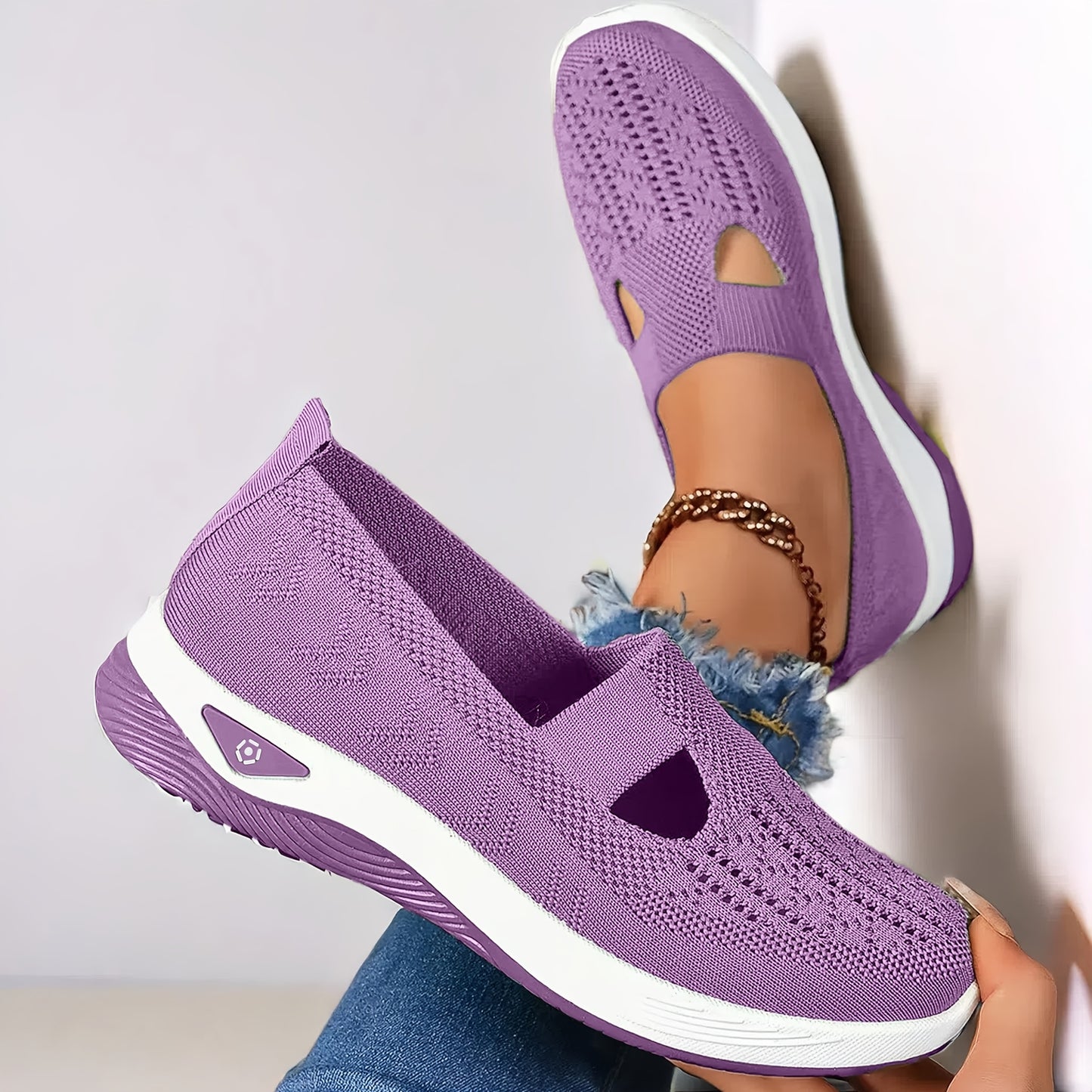 Lightweight and stylish knit sneakers for women in red, beige, green, blue, black, and purple. Features a cut-out design for breathability and a flexible sole for all-season wear.