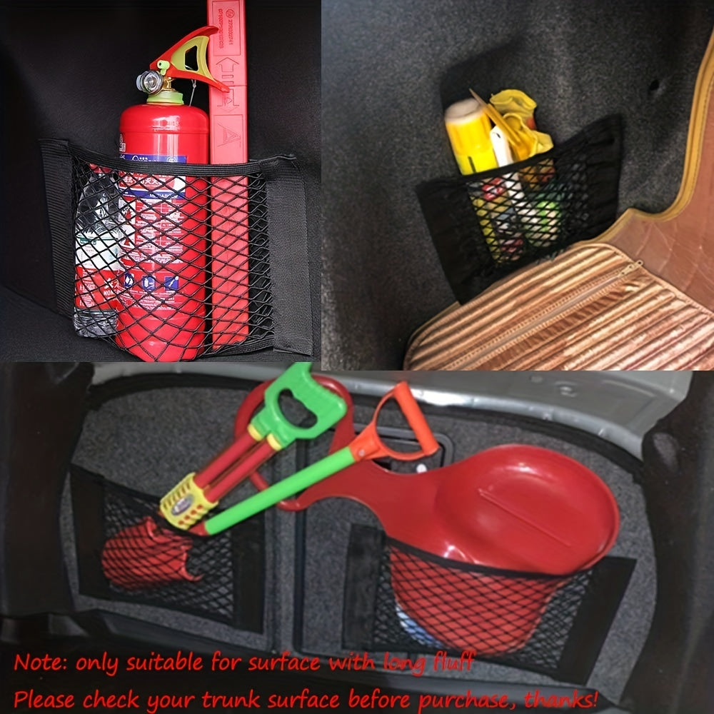 Universal car storage net for trunk organization with nylon material, can be used on rear seat or trunk wall.