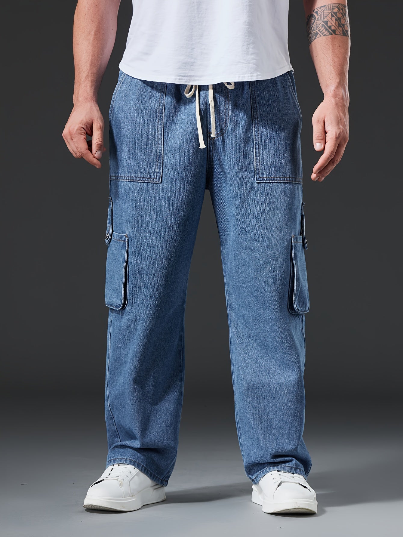 Men's solid cargo jeans for plus size in Spring, Fall, and Winter.