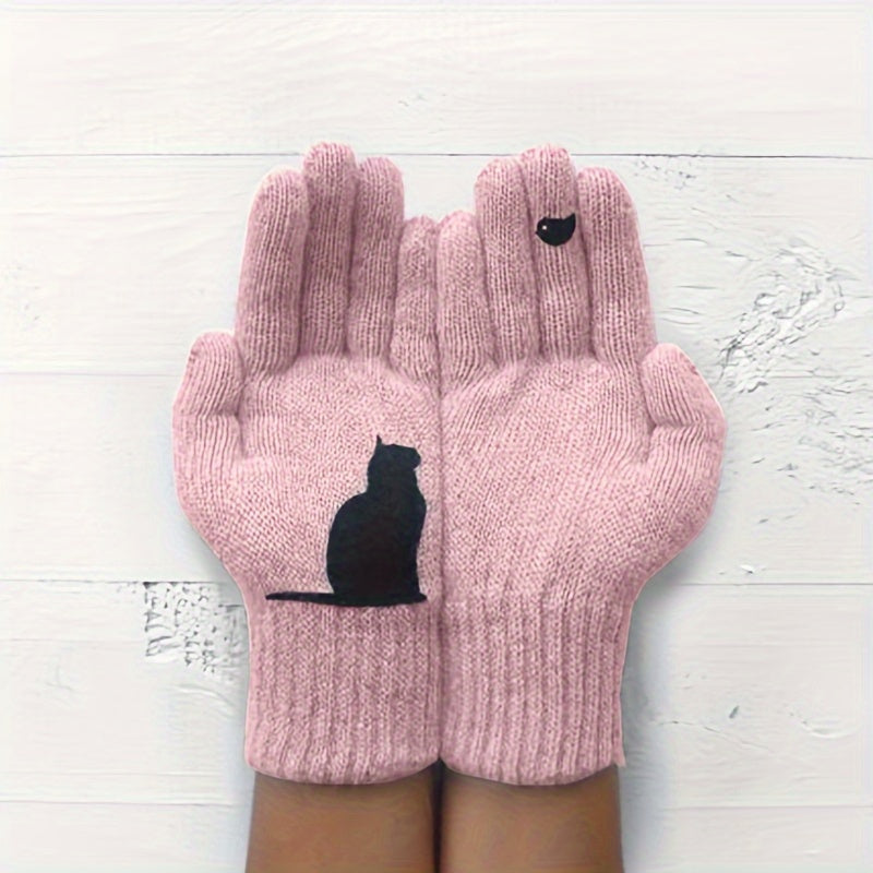 Stylish Cat Print Knit Gloves made for the cold weather, featuring a unique split finger design for added warmth and protection against the cold wind during Autumn and Winter.