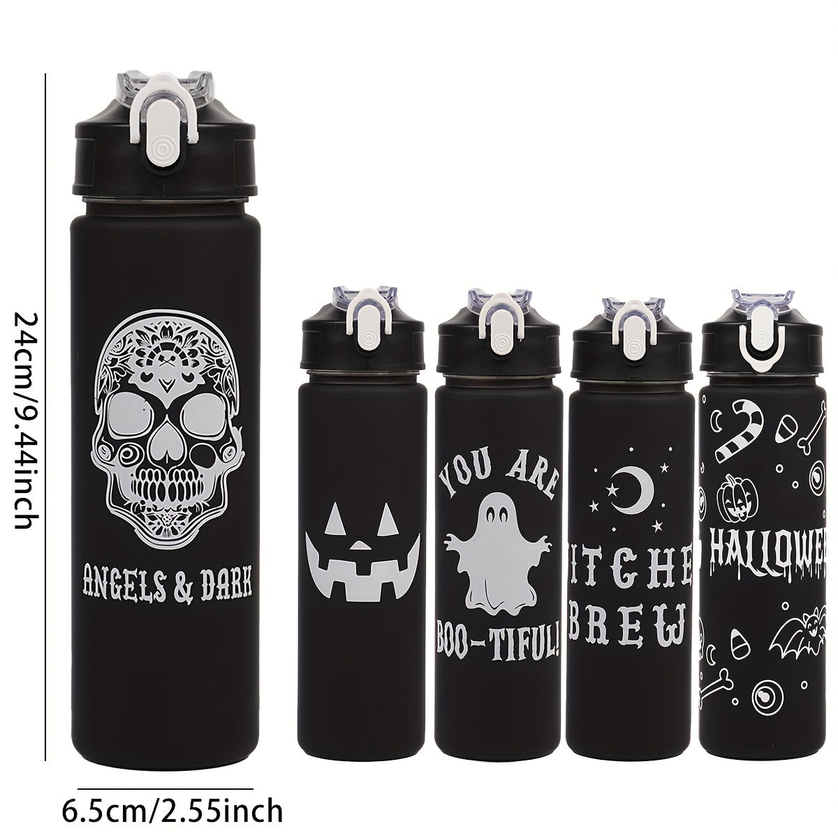 Halloween-themed water bottle set with 2000ml, 800ml, and 300ml cups, or 750ml individual cup for outdoor sports. Featuring fun Halloween prints. Ideal for the summer season. A must-have for Halloween enthusiasts.