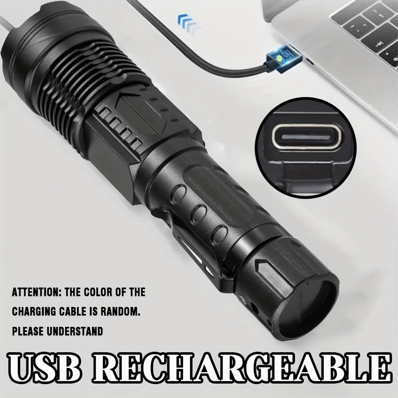 1pc Portable Camping Flashlight, USB Rechargeable LED Handheld Torch with Red-Blue Warning Light for Fishing, Adventure, Emergency, Hiking, Outdoor Searchlight.