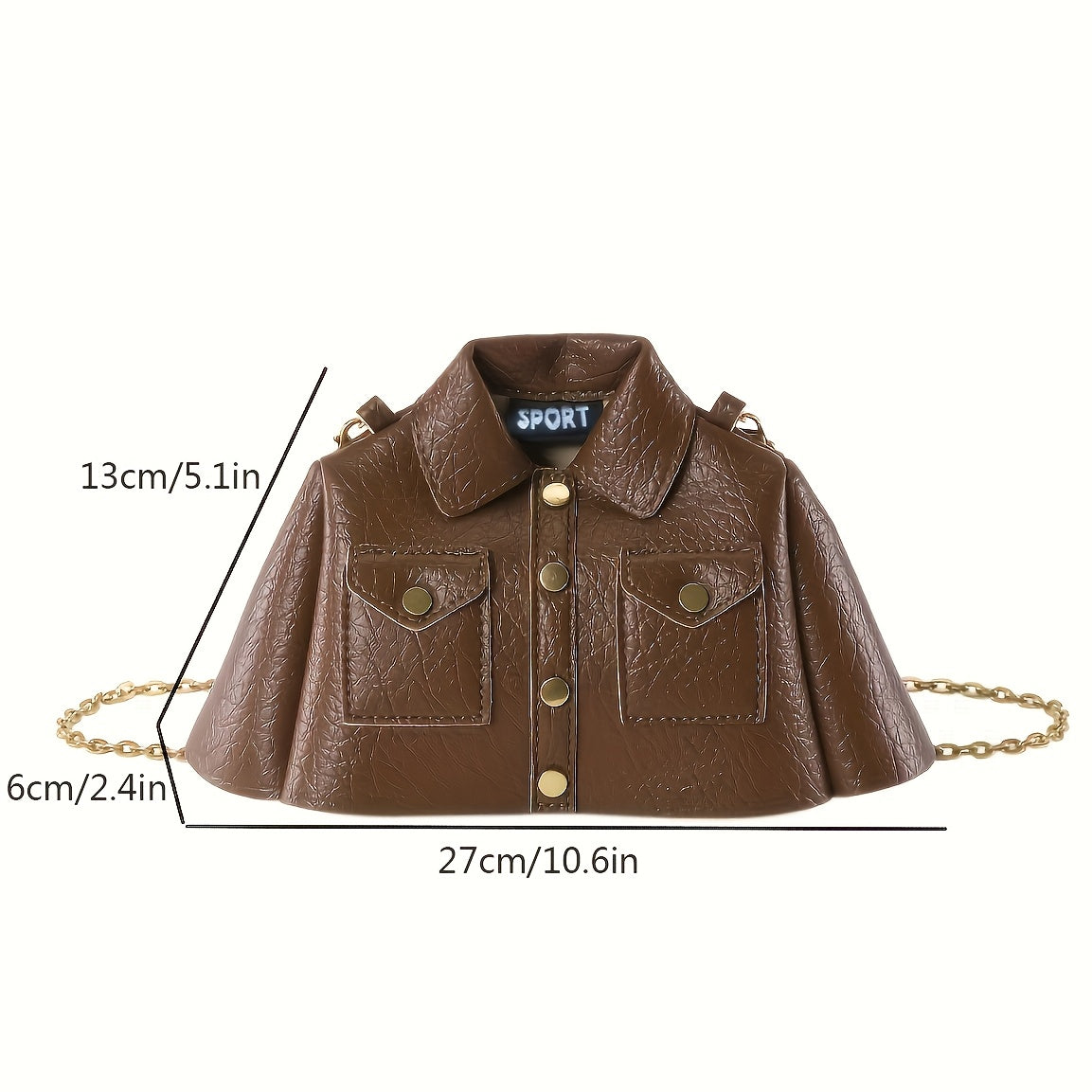 Women's unique shirt style crossbody bag made of faux leather with metal chain strap and magnetic closure. Features solid color, polyester lining, and fashionable mobile phone pouch.