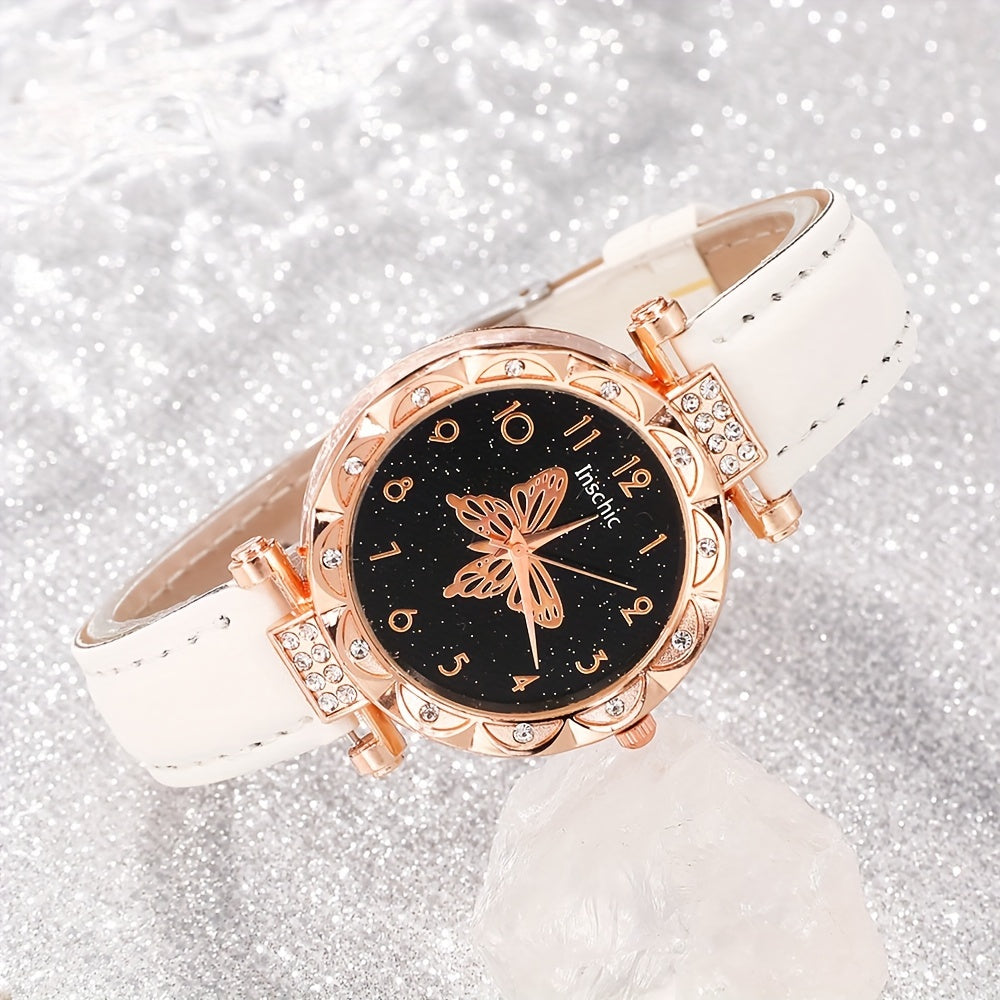 5pcs Women's Quartz Watch Set with Round Dial, PU Leather Strap, Matching Butterfly Pendant Necklace, Bracelet, Earrings. Simple, stylish, and perfect as a gift.