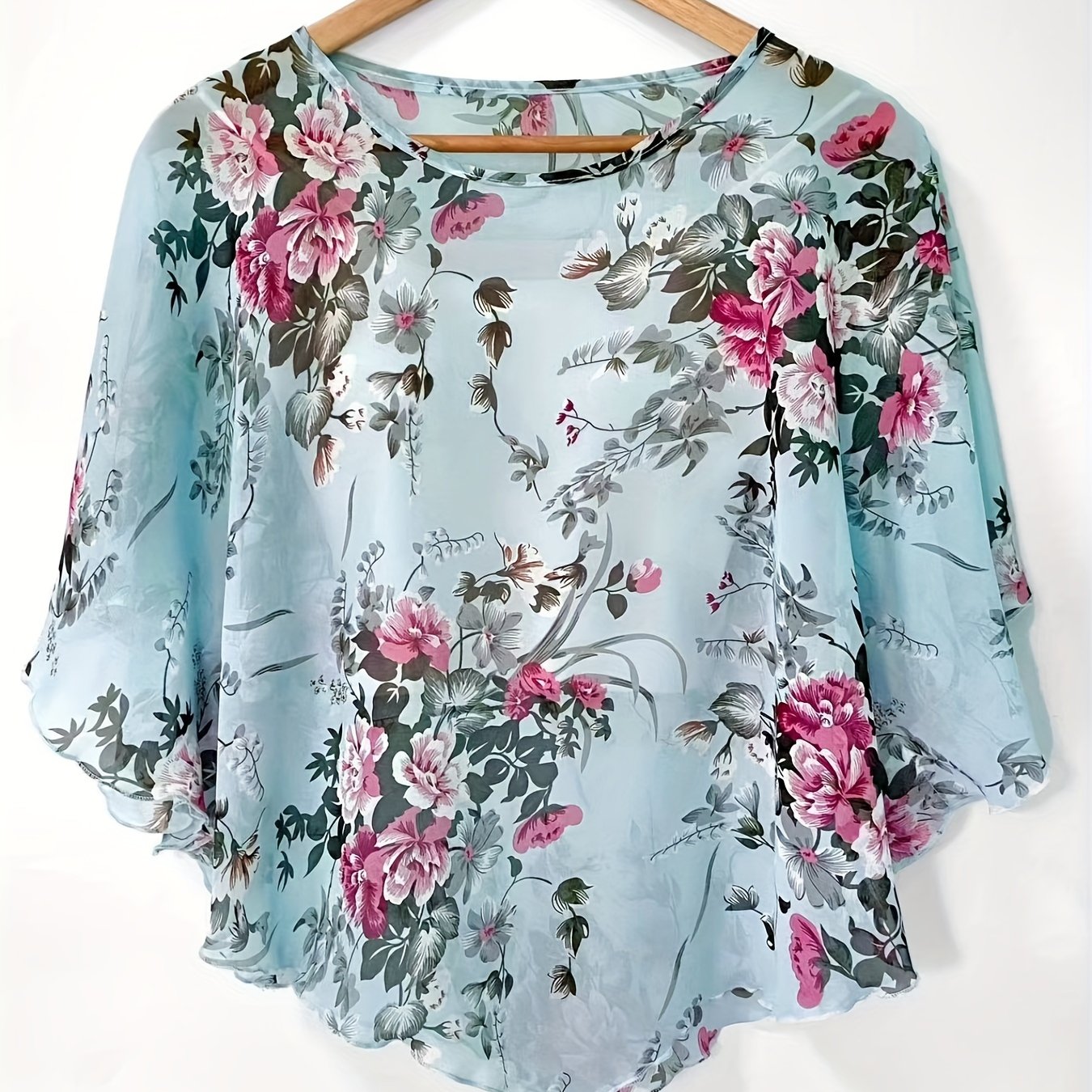 Floral Print Asymmetrical Blouse for Women - Sheer Sleeve, Sun Protection Shirt, Beachwear