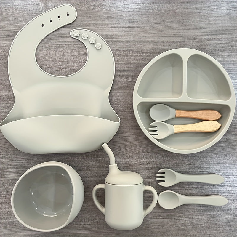 Silicone Baby Feeding Set by WHZWYK - Safe for Microwave & Oven - Suitable for Ages 0-3 - Complete with Suction Plate, Soft Bowl, Spoons, Forks, Adjustable Bib, Snack Cup - Ideal for Self-Feeding