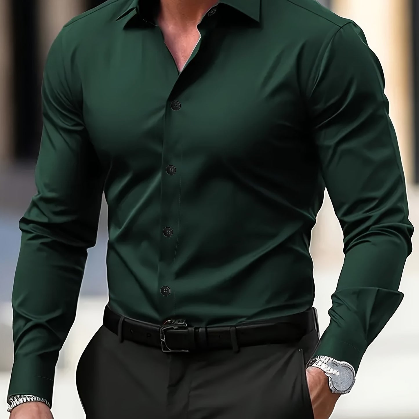 Men's sleek green long-sleeve dress shirt in polyester, semi-sheer material with lapel collar, ideal for business and formal occasions. Easy care, hand wash or dry clean. Versatile and