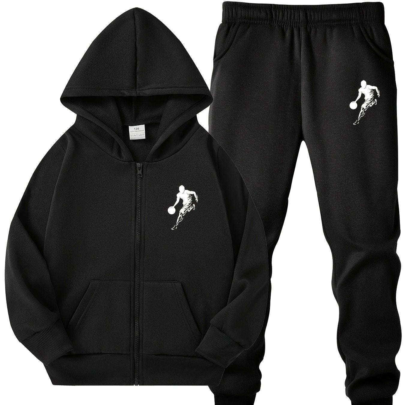 Boys' Basketball Player Print Hoodie & Jogger Set - Black, Polyester, Zip & Pockets, Great for Everyday & Sports, Perfect for Outdoors