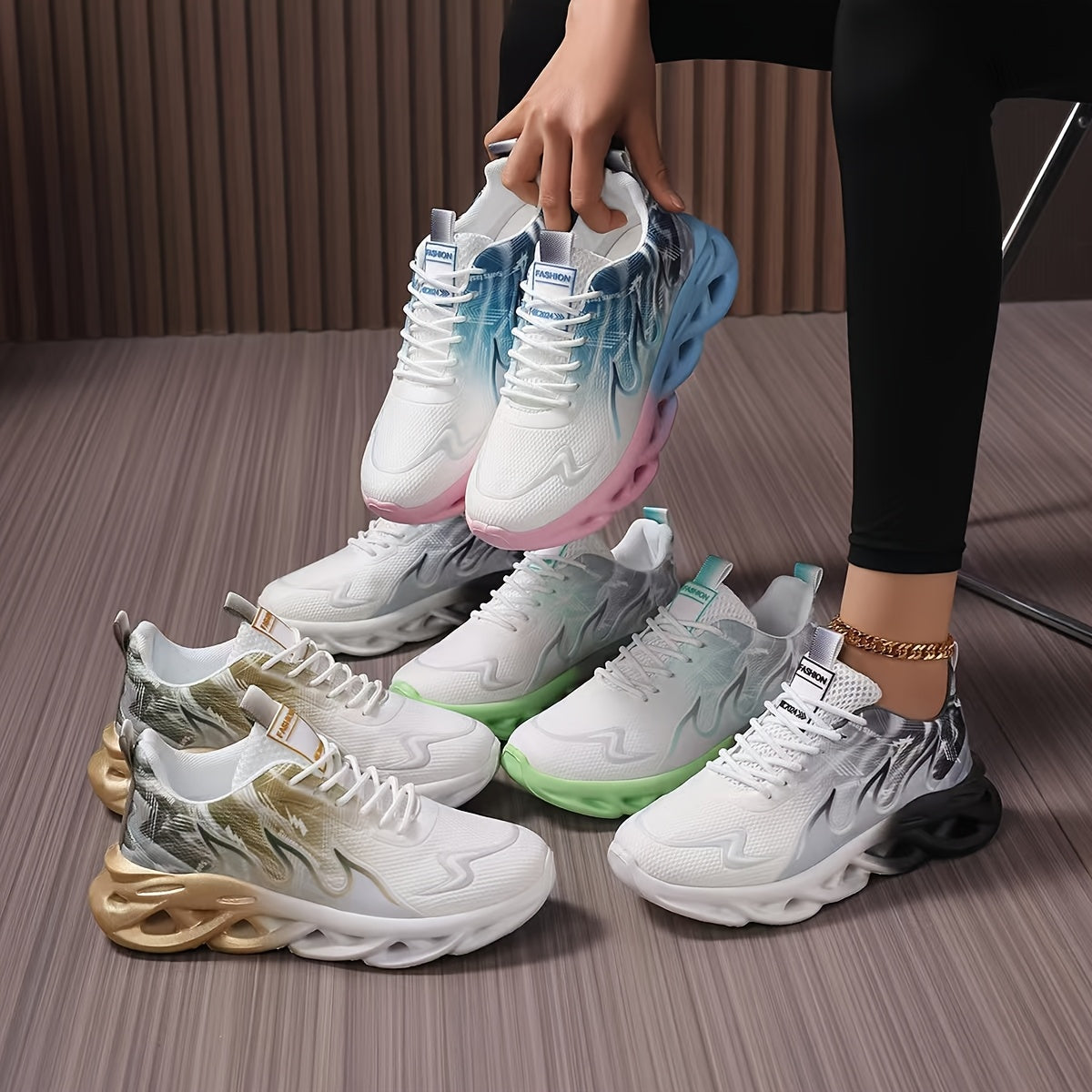 Lightweight, breathable running shoes with stylish design and comfortable fit for men and women. Features soft EVA sole, lace-up closure, and mesh upper for all-season wear. Perfect for