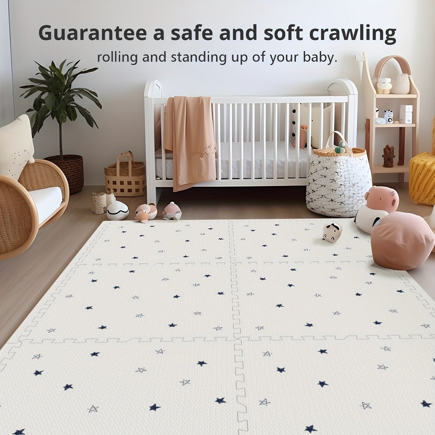 The Soft & Safe Foam Play Mat includes 6 interlocking crawling mats made of easy-to-clean, non-toxic EVA material. Ideal for indoor or outdoor fun, this stylish set features designs like Joy, Star, Funnel, and Stripe.