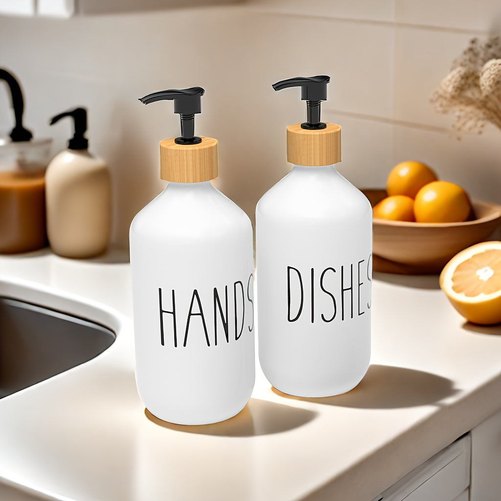 Set of 2 soap dispensers for hand and dish soap, with a countertop lotion bottle for bathroom use.