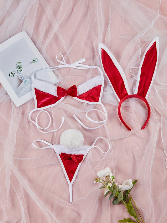 Stylish Rabbit Costume Set for Adult Role Play or Themed Parties: Headband, Bralette, Thong with Bunny Tail incl.