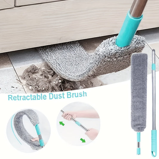 Extendable microfiber dust brush duster with metal handle and resin head, suitable for use in living rooms, bedrooms, bathrooms, toilets, and kitchens. Requires no electricity or batteries. Ideal for various household cleaning tasks.