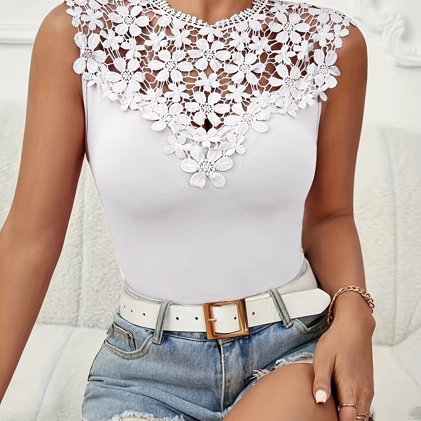 Floral lace applique tank top for summer, plus size, women's casual sleeveless top.