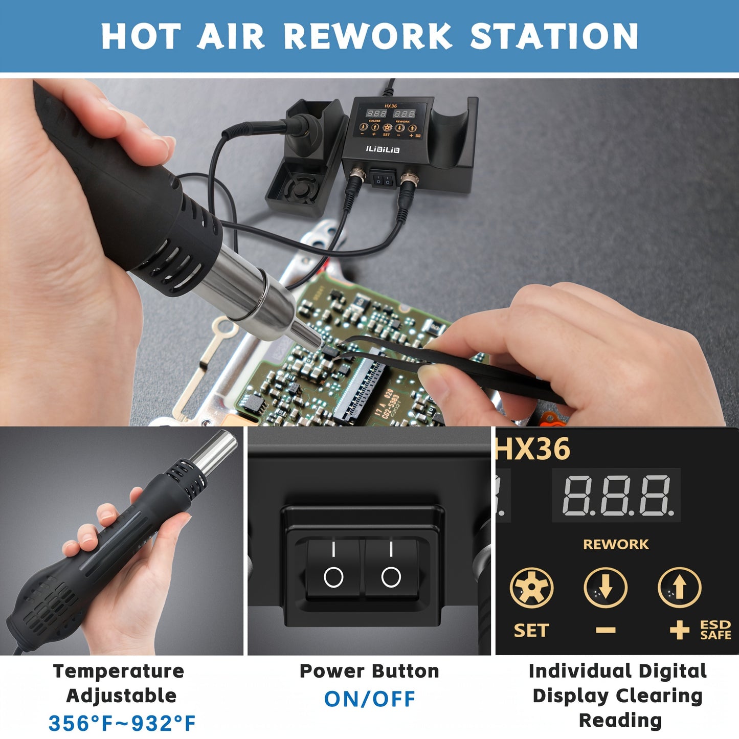 ILIBILIB 2-in-1 Rework Soldering Station Kit: SMD Hot Air & Iron Combo with Digital Temperature Control, 3 Heat Gun Nozzles, 2 Anti-Static Tweezers, Slip-Resistant ABS Design - Ideal for