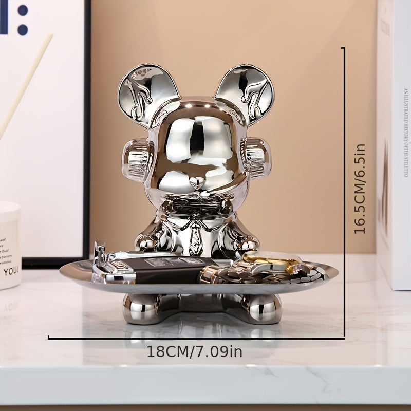 Elegant Ceramic Teddy Bear Key Tray and Money Saving Jar serves as a lightweight entryway organizer and decorative storage ornament.