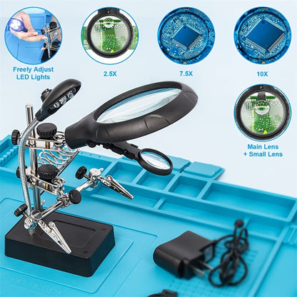 LED lighted magnifying station with 2.5X, 7.5X, and 10X magnification, perfect for soldering and crafting. Includes clamp and alligator clips for easy use on desktop. Ideal for jewelry