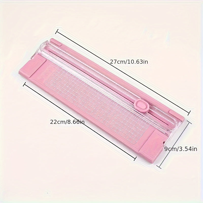 Compact sliding paper cutter for A4 paper, photos, copy paper, and stationery. Dual-direction design with measuring ruler. Available in bright pink, purple, green, blue, and black. Compact