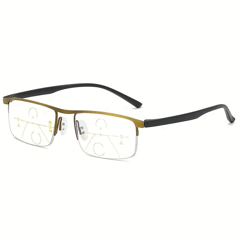 1 pair of progressive multi-focus reading glasses with semi-frame rectangular design for both men and women. Available in 3 colors with a mirror case.