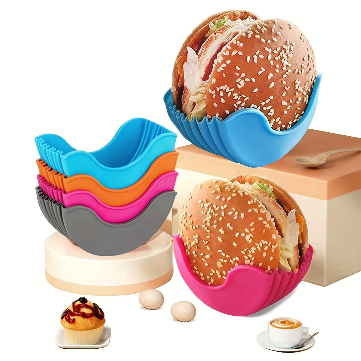 Make delicious burgers easier with this expandable silicone burger rack, perfect for storing and organizing your kitchen tools. This set includes one PC and four PCS of reusable burger racks, making it convenient to use for your next cooking adventure.