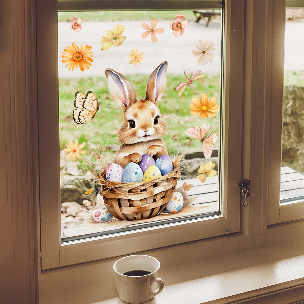 Rabbit Decor - Easter Bunny and Egg Basket Window Cling Decoration - 30x30cm Dual-Sided Electrostatic PVC Sticker with Festive Floral and Butterfly Accents, Reusable for Bedroom or Balcony