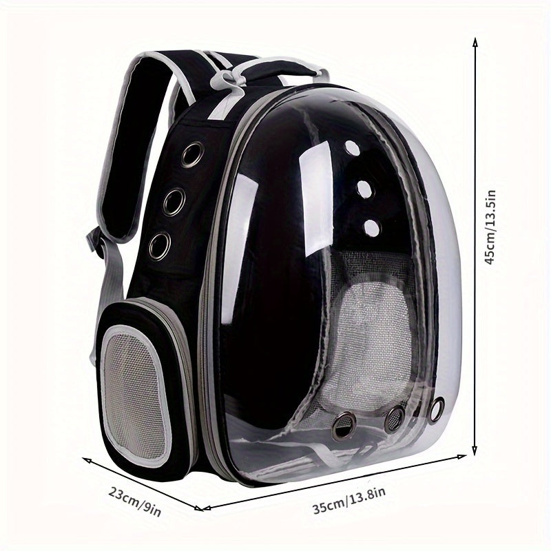 Transparent, breathable space capsule pet carrier backpack for hiking and travel.