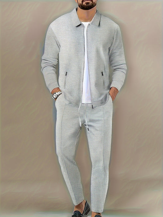 Men's casual zipper jacket and pants set made of machine washable polyester. Solid color with lapel collar for outdoor activities in spring, fall, and winter.