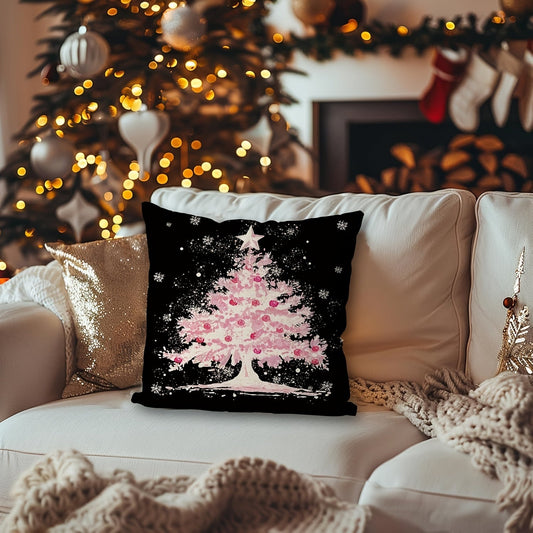 Elegant Black Linen Pillowcase with Chic Christmas Tree Design - Features Single Sided Print, Zip Closure for Convenience, and Versatile Home Decor Option