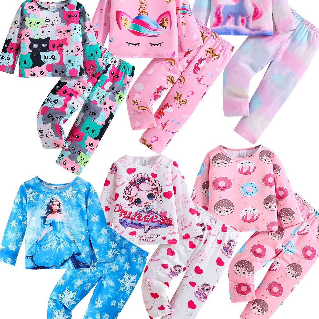 3-pack girls' flame resistant pajama sets with long sleeve crew neck featuring cartoon patterns. Designs include princess, unicorn, and donut cat. Made of polyester spandex for comfortable