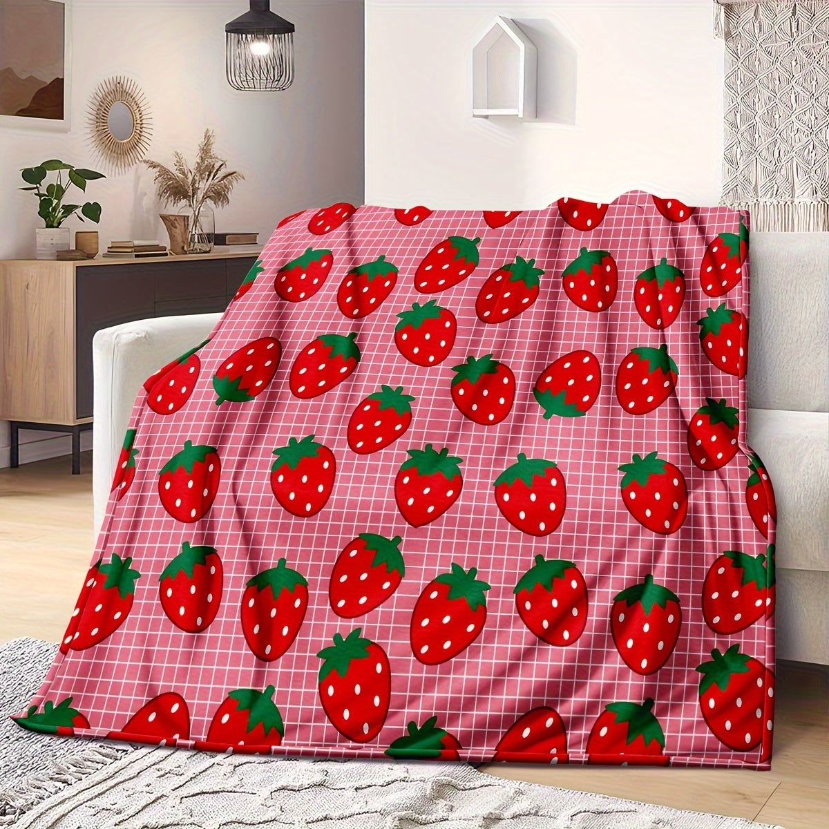 Glam Style Strawberry Pattern Throw Blanket, Microfiber Flannel All-Season Fruit Theme, Woven Digital Print, Ideal for Wedding, Housewarming, Birthday Gift - 1 Piece