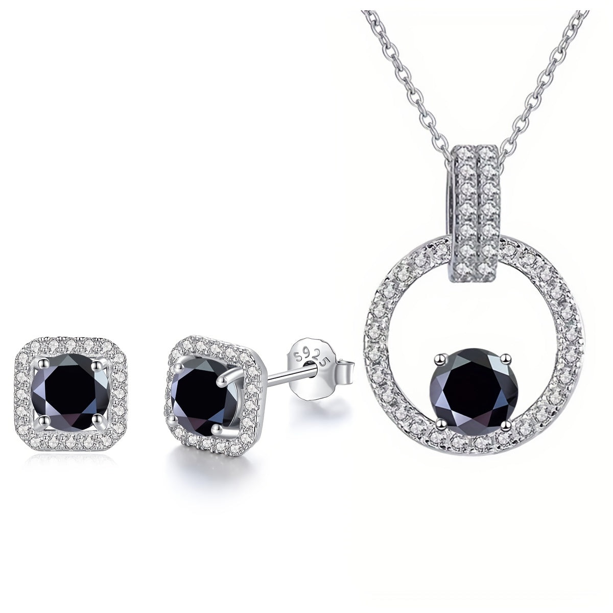 1 set of Moissanite jewelry including a necklace with a 1 carat stone and 2 earrings with 0.5 carat stones. Made of 925 sterling silver and available in multiple colors. Perfect for weddings, comes with a certificate and gift box.