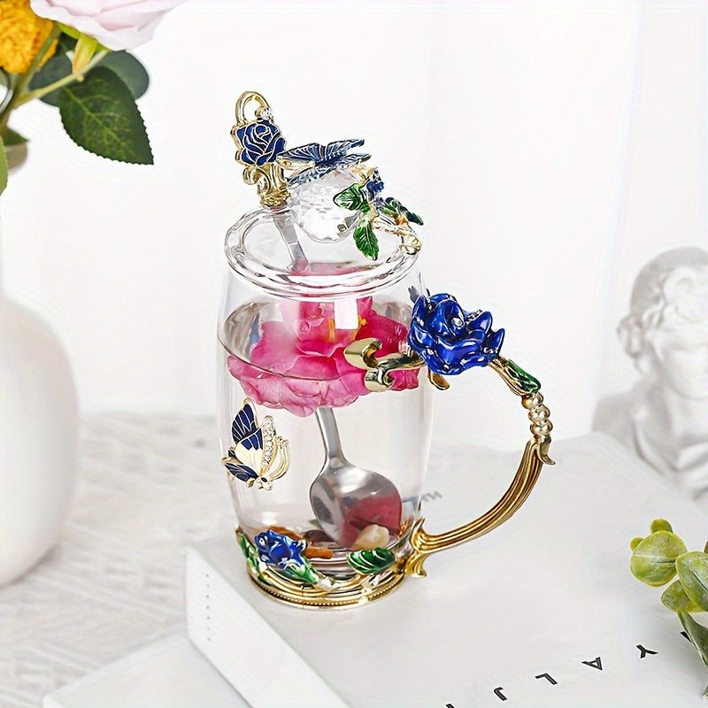 Rose enamel crystal tea cup featuring butterfly and rose design, heat resistant for coffee and water, perfect gift.