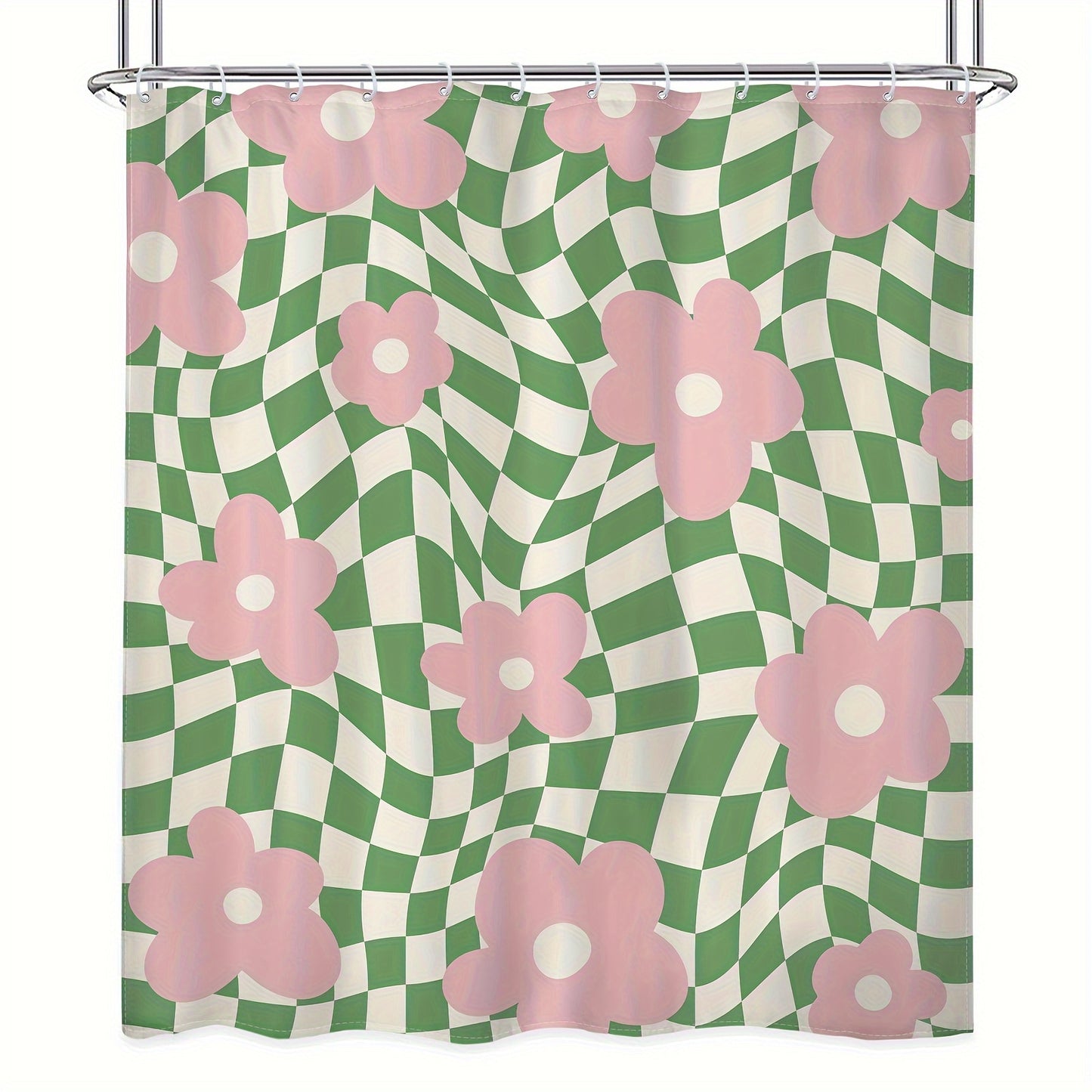 Waterproof polyester shower curtain with pink and green floral checkered design. 152.4x182.88 cm, includes hooks, machine washable. Ideal for teen bathroom decor. Provides shower privacy and vibrant bathroom decor. Easy to install.