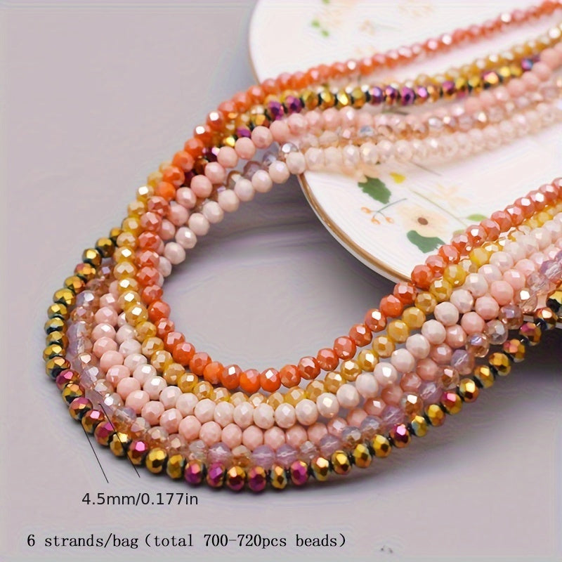 720 pieces of faceted glass rondelle beads measuring 4mm each, sold in a convenient bag. Perfect for crafting jewelry, DIY projects, and adding embellishments to clothing items such as necklaces, bracelets, and more.