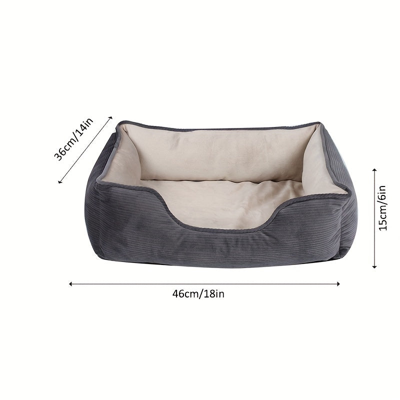 Square pet bed for medium to large dogs, cozy and warm with polyester fiber and pillow cushion, perfect for winter comfort. Beige, non-assemblable design.