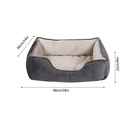 Square pet bed for medium to large dogs, cozy and warm with polyester fiber and pillow cushion, perfect for winter comfort. Beige, non-assemblable design.