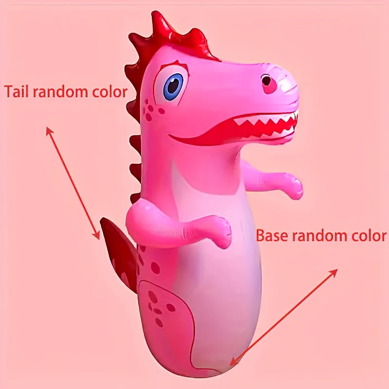 Inflatable dinosaur punching bag for kids, made of durable PVC, suitable for ages 3-6, for outdoor exercise and play. Available in yellow, green, and rose red.