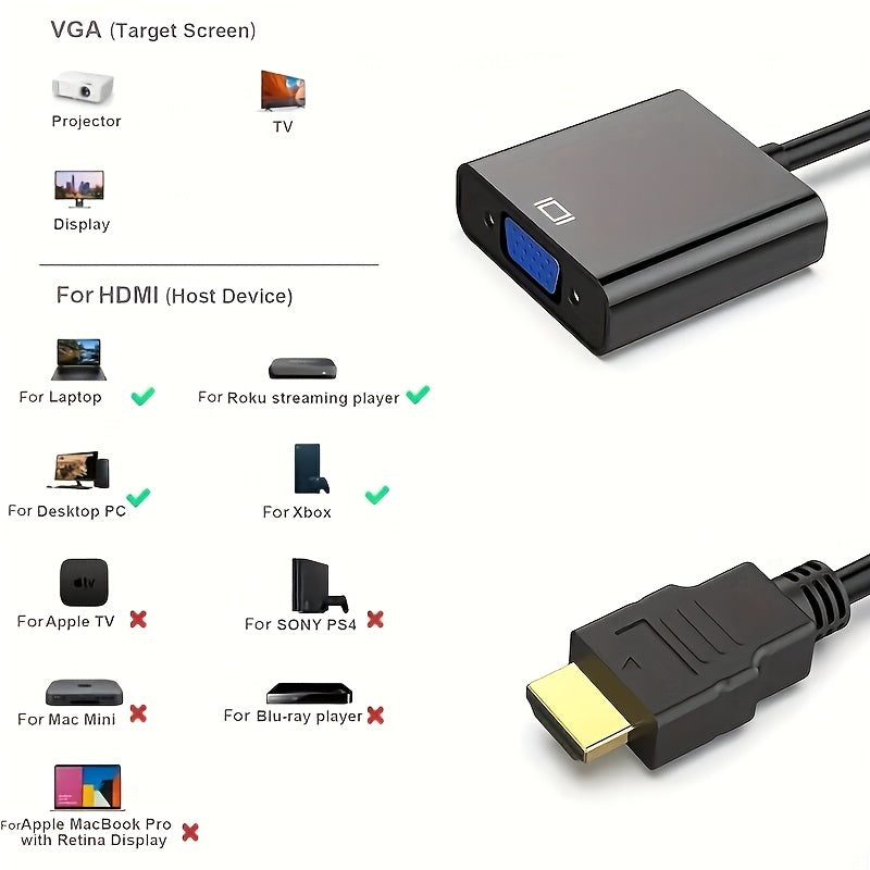 Golden-plated HDMI to VGA adapter for various devices such as computers, laptops, monitors, projectors, HDTVs, and gaming consoles.