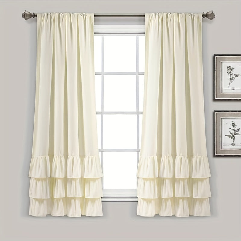 Two heavy-duty pleated lace window curtains for living room decoration. Each curtain measures 132.08cm wide by 213.36cm tall.