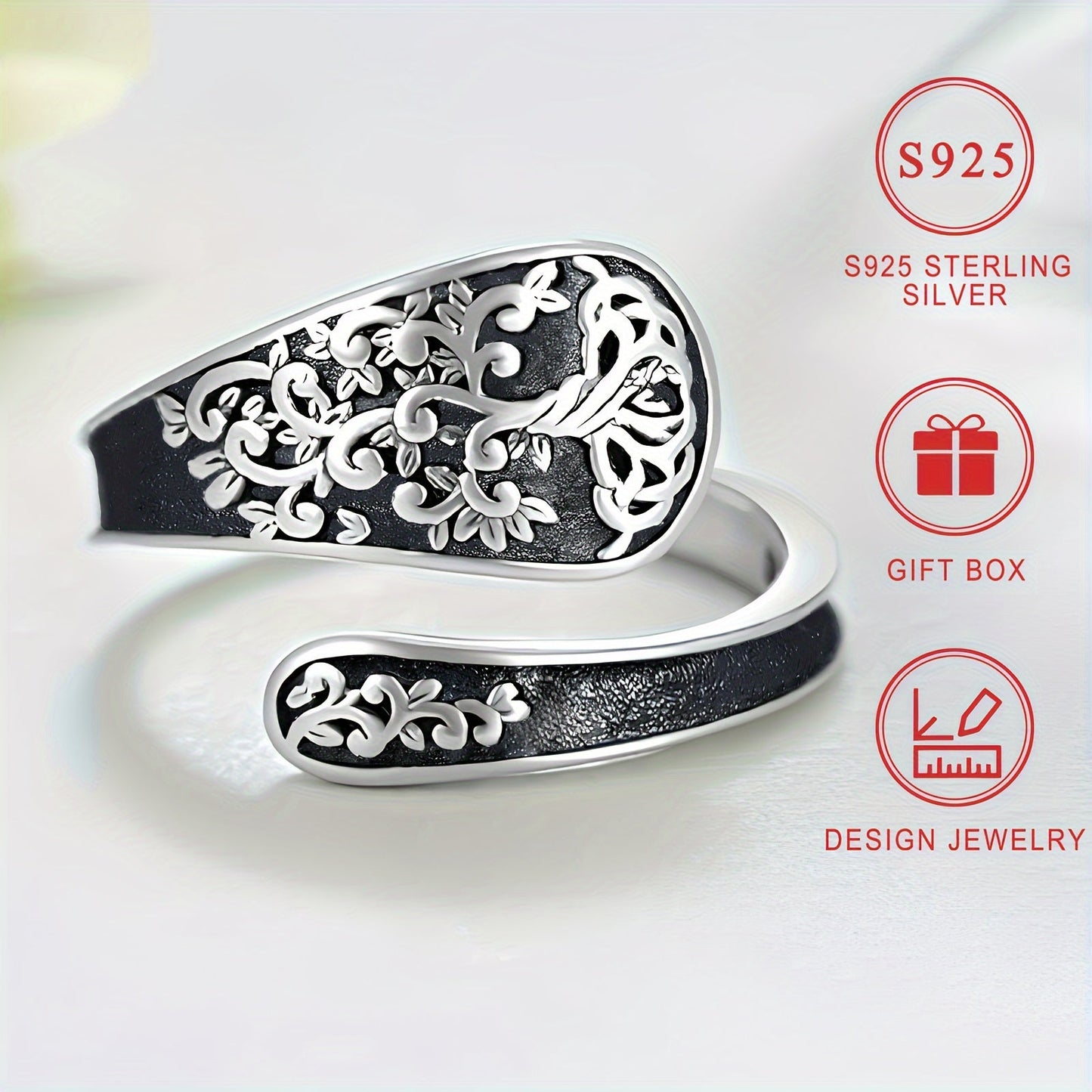 Vintage Bohemian style 3D texture Tree of Life band jewelry made from S925 Sterling Silver Spoon Ring, hypoallergenic and perfect for women. Comes with a gift box, ideal for gifting.