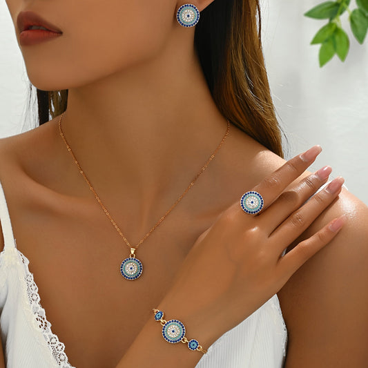 Women's jewelry set includes a geometric round necklace, ring, bracelet, and earrings, all crafted from alloy with rhinestone inlay. This vintage ethnic style set is a versatile fashion accessory perfect for daily wear and gift-giving, suitable for all