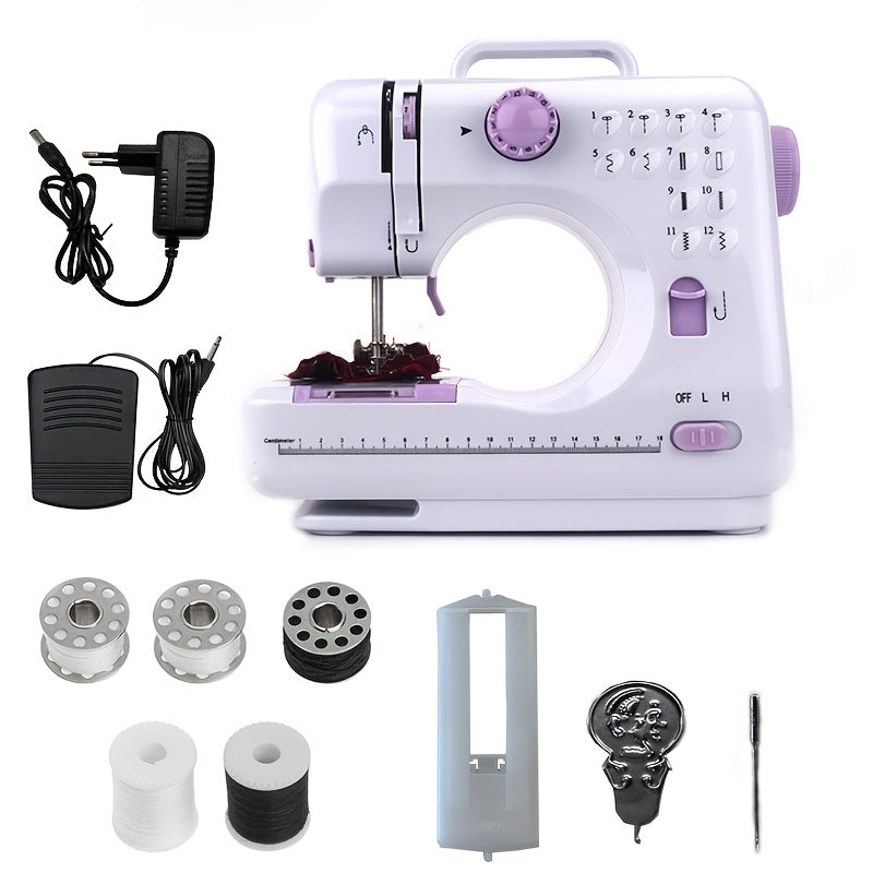 EU Regulation Mini Portable Electric Sewing Machine with 12 built-in modes. Ideal for beginners. Includes accessories such as bobbin pack, machine needle and threader. Can be powered by