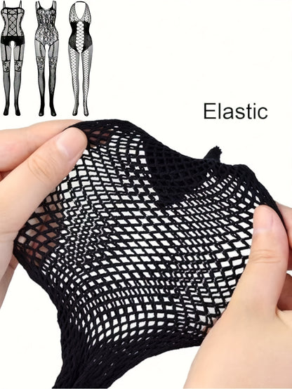 Women's fishnet lingerie set including bodysuit, tights, and stockings in a sexy lace design.