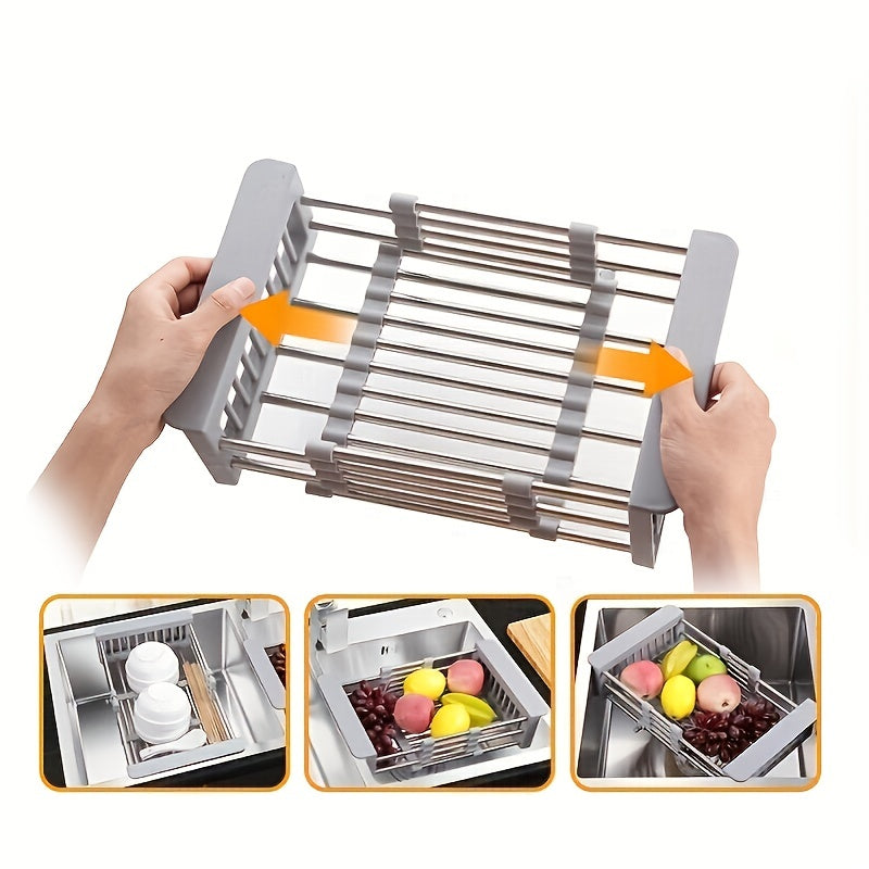 Adjustable Stainless Steel Kitchen Sink Rack with Retractable Dish Drainer, Safe for Food Use, Comes in Large and Small Sizes.