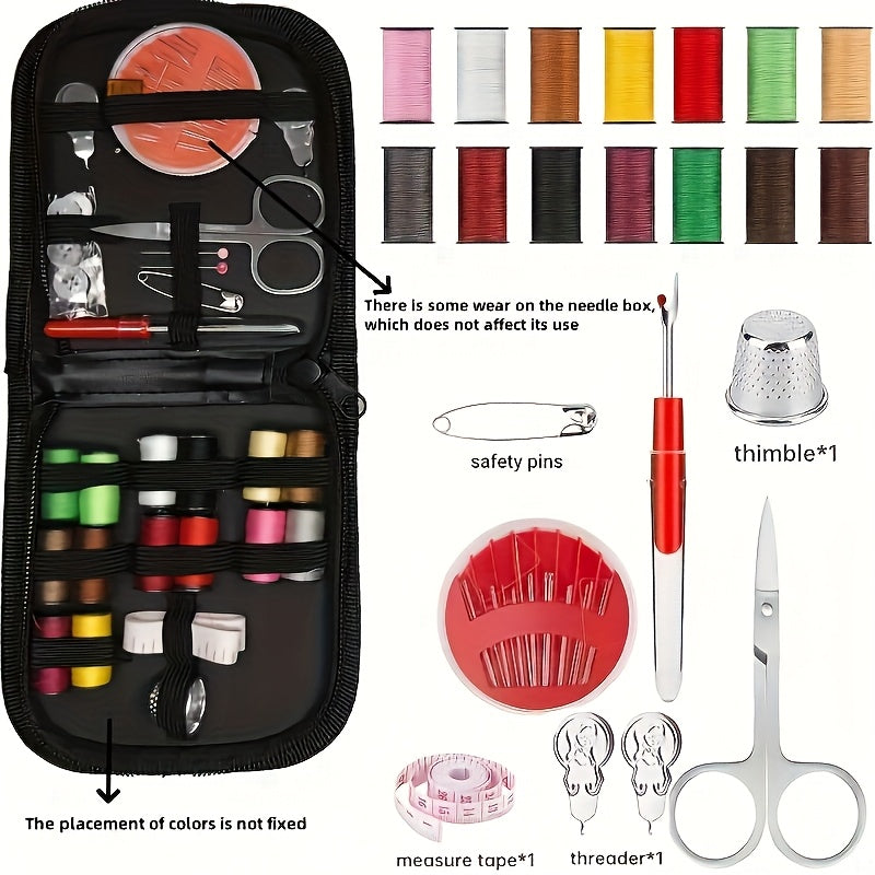 27-piece portable sewing kit with vibrant threads, needles, and essentials for home, office, or travel.