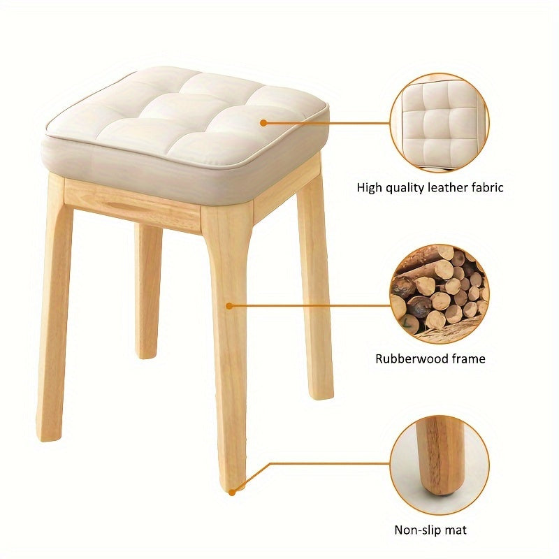 Light Luxury Solid Wood Soft Leather Stool, Stackable Square Stool for Living Room, Bench Table, or Dressing Stool