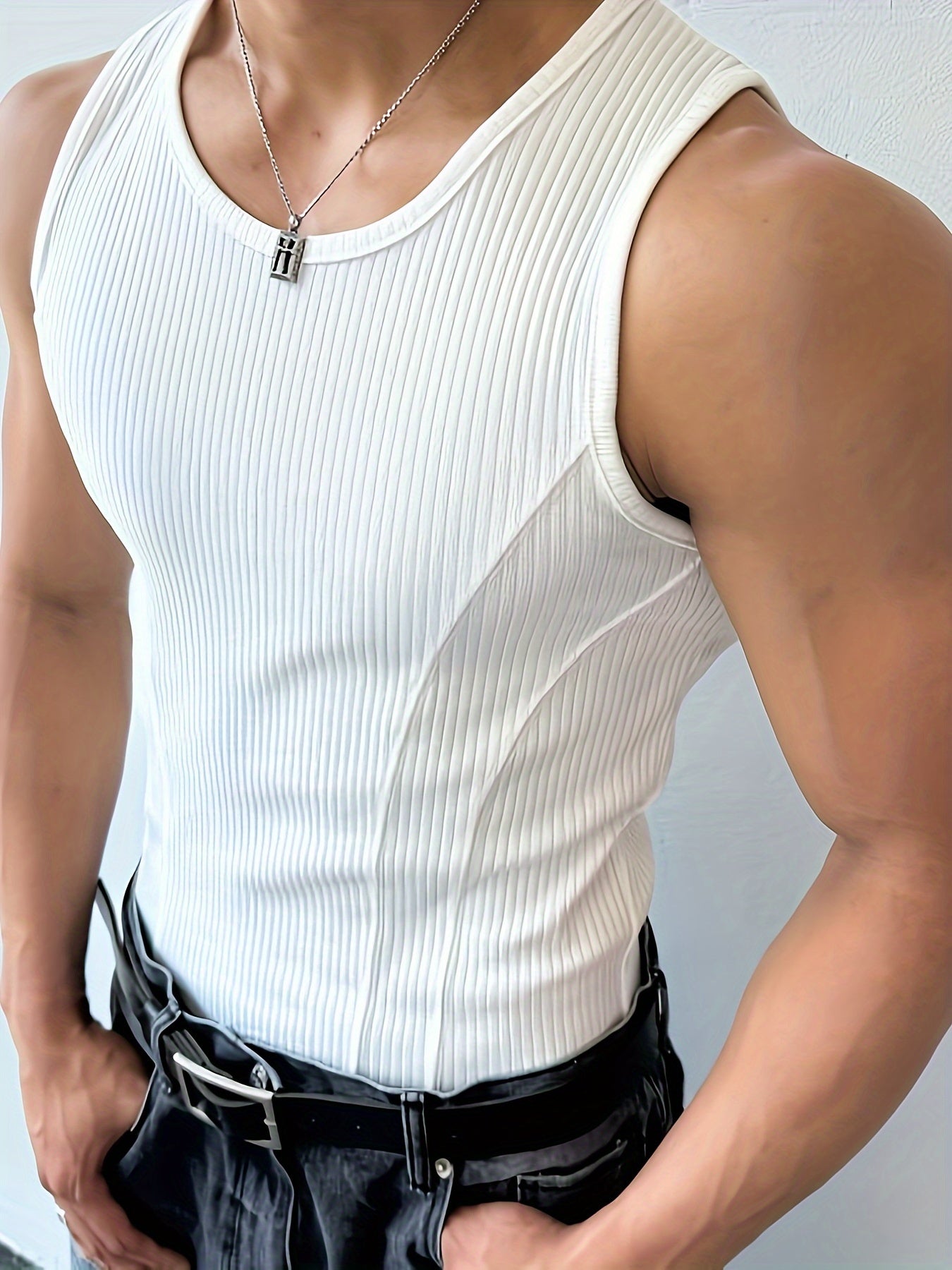 Men's white ribbed tank top made of high-quality polyester, designed for summer with stretch, crew neck, sleeveless, and machine washable.