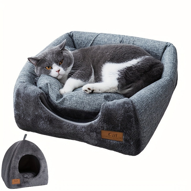 Foldable cozy cat cave bed with plush cushion pad.