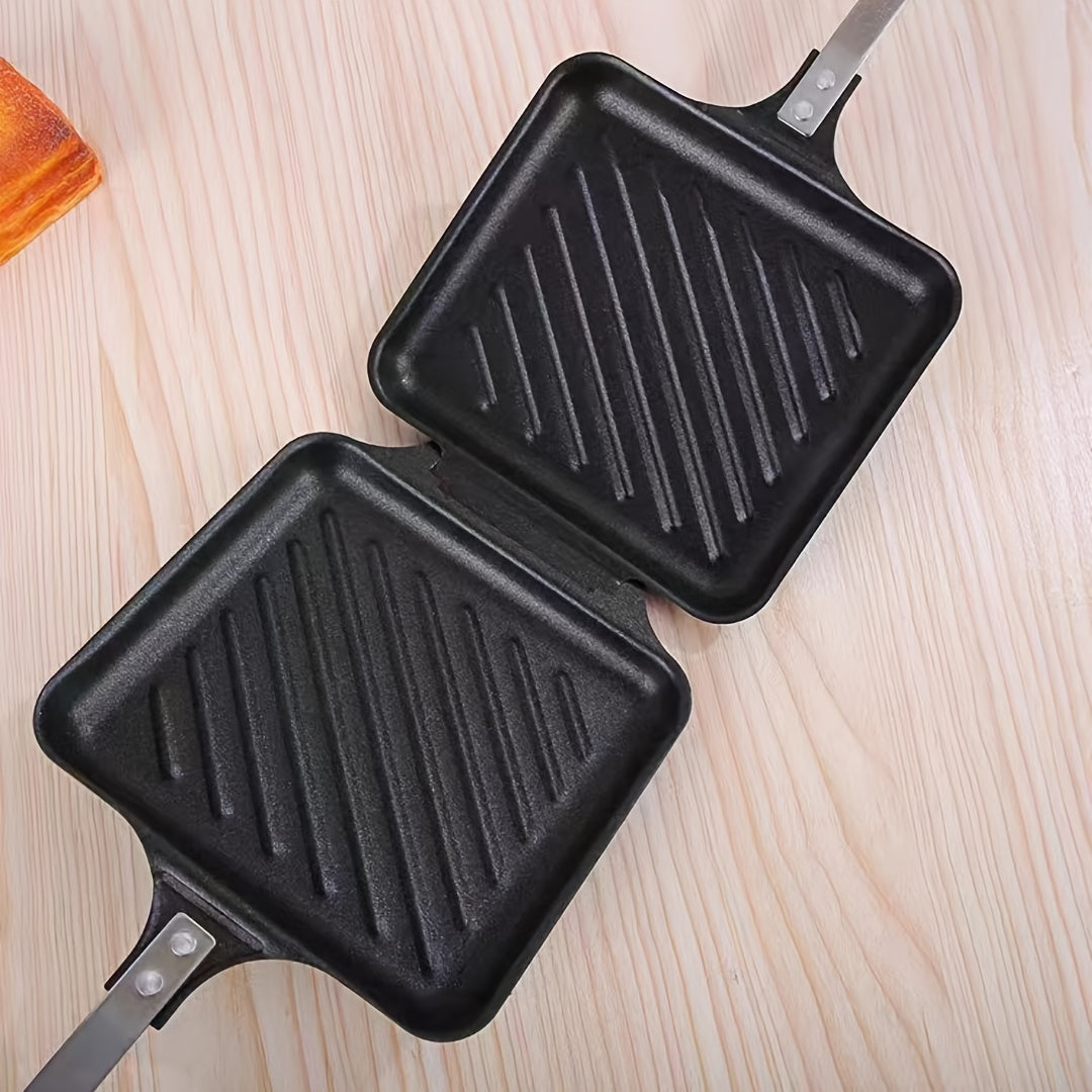 Cast Iron Sandwich Press with Non-Stick Double-Sided Griddle, Perfect for Breakfast Eggs, Waffles, and Sandwiches, Ideal for Home or Outdoor Camping Kitchen Cookware